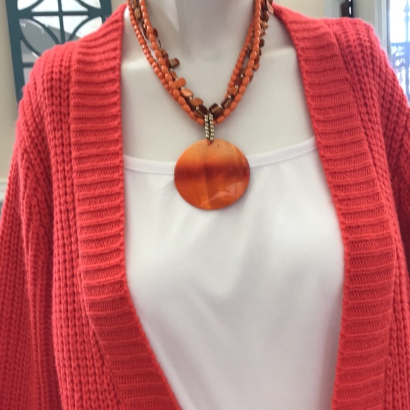 LONG SWEATER large w pockets in CABLE KNIT. ORANGE LONG SLEEVES NO BUTTONS/no zp - Picture 4 of 7